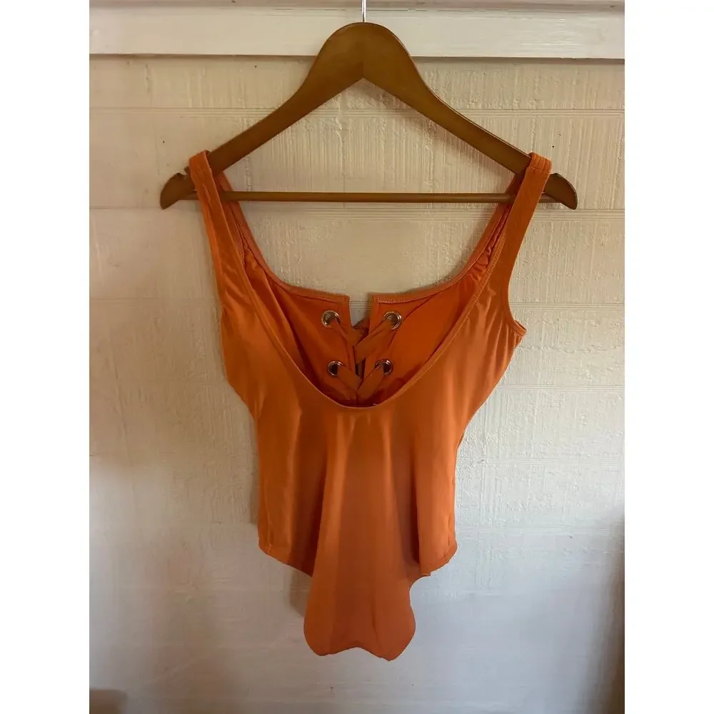 MICHAEL KORS Lace UP One Piece Swimsuit Orange Grommets Size 8 Padding Vacation